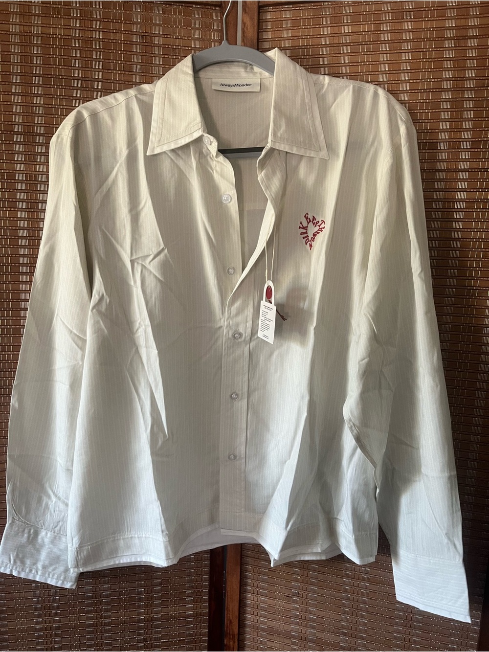 Always wonder size M Cream Long-Sleeve ButtonUp Shirt with Red Heart Logo.